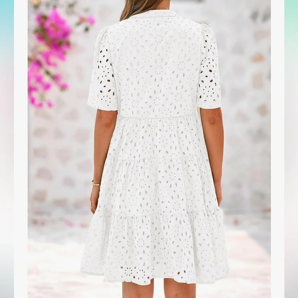 BTFBM size XLarge Boho Dress Resort V Neck Short Sleeve White Cut Out Lace $58 - Picture 2 of 10